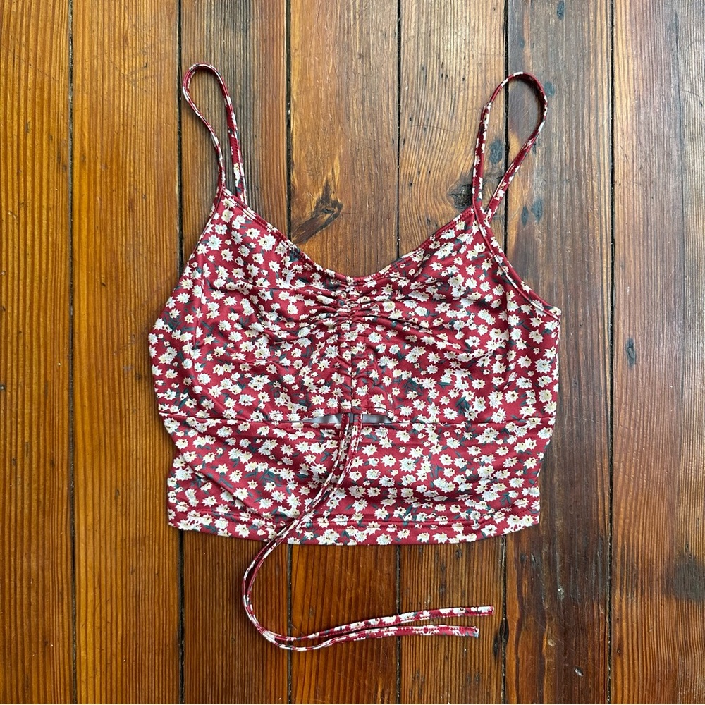 SHEIN garnet & white floral cutout tie string crop cami XS